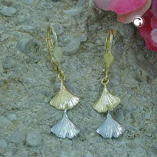 Ohrbrisur Ohrhänger Ohrringe 34x9mm Ginkgo - Blatt bicolor 9Kt GOLD
