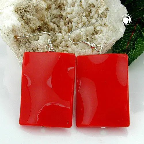 Ohrhaken Ohrhänger Ohrringe 56x25mm Viereck gewellt rot - glänzend