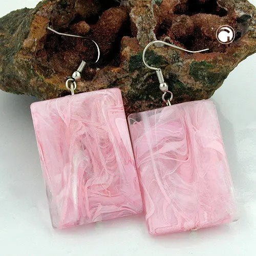 Ohrhaken Ohrhänger Ohrringe 56x25mm Viereck Kunststoff gewellt rosa - marmoriert