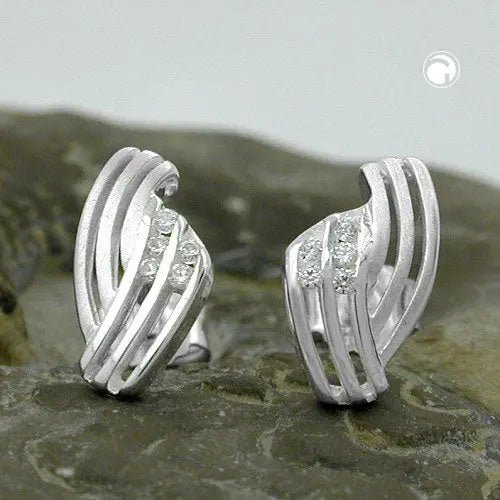 Ohrstecker Ohrring 10x6mm streifig mit Zirkonias matt - glänzend Silber 925