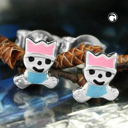 Ohrstecker Ohrring 7x6mm kleiner König pink - hellblau lackiert Silber 925