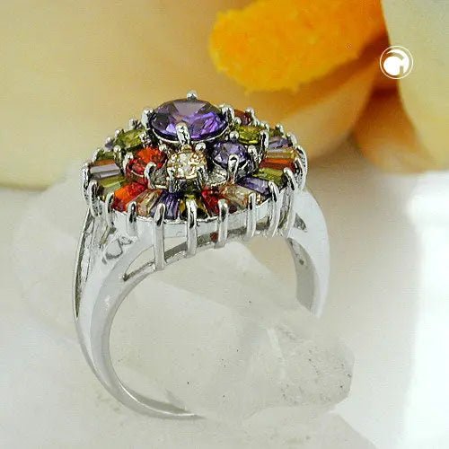 Ring 18mm lila Glasstein mit vielen bunten Glassteinen rhodiniert