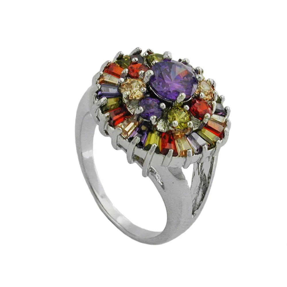 Ring 18mm lila Glasstein mit vielen bunten Glassteinen rhodiniert