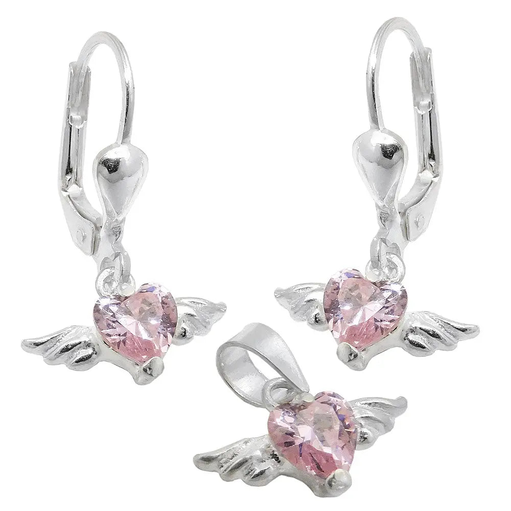 Set 13x8mm Anhänger und Ohrringe Herz - Zirkonia pink mit Flügeln Silber 925