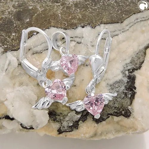 Set 13x8mm Anhänger und Ohrringe Herz - Zirkonia pink mit Flügeln Silber 925