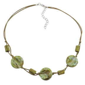 Kette 3x Scheibe Kunststoff oliv - türkis - marmoriert Kordel olivgrün 45cm