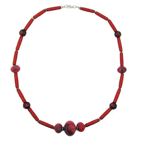 Kette Barock - Röhren Kunststoff rot - metallic mit Tomaten - Perlen rot - marmoriert matt 60cm