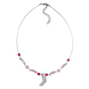 Kette Drahtkette mit Glasperlen rosa silbergrau - matt und Anhänger Zinnguss 42cm