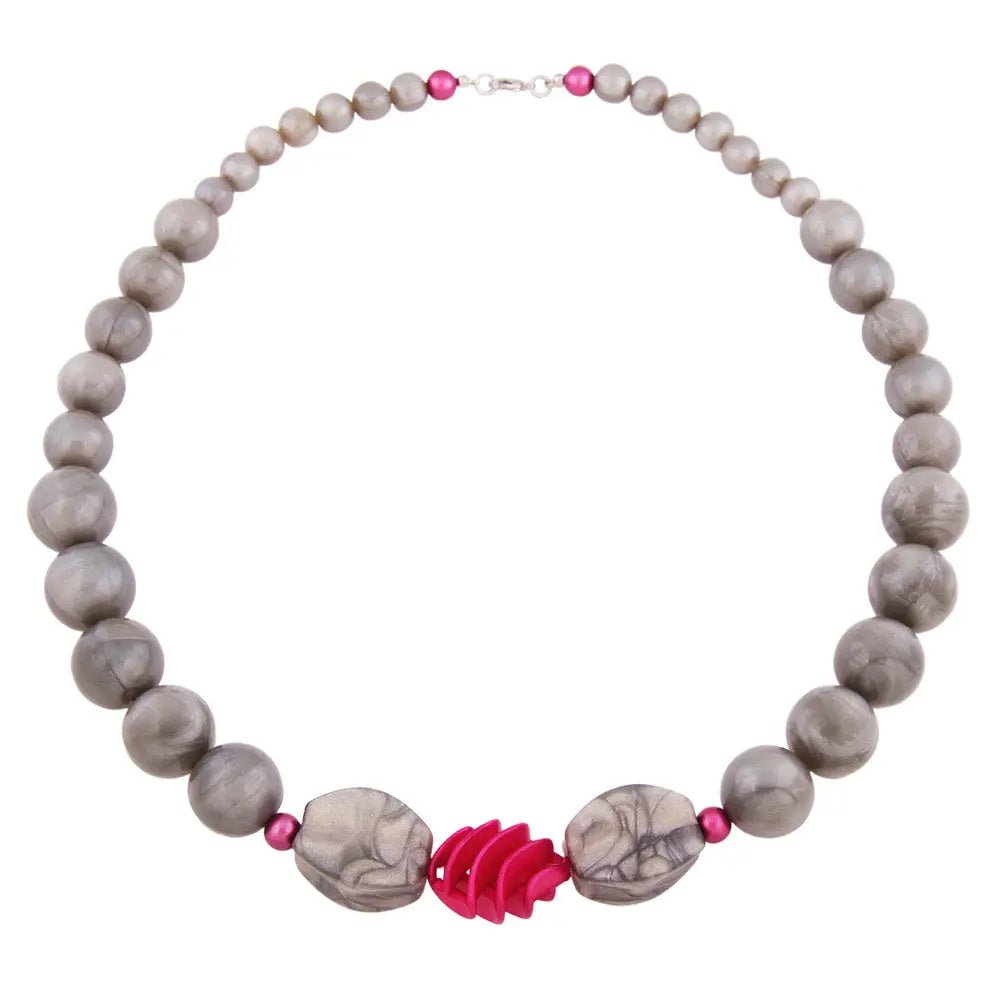 Kette Rundperlen grau Spiralperle pink 62cm