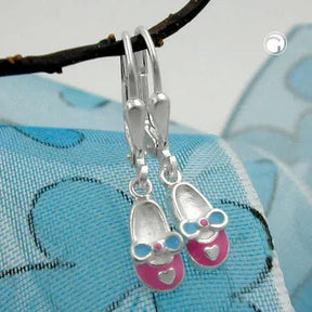 Ohrbrisur Ohrhänger Ohrringe 24x5mm Kinderschuh rosa - hellblau lackiert Silber 925