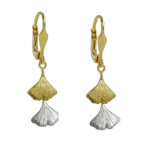 Ohrbrisur Ohrhänger Ohrringe 34x9mm Ginkgo - Blatt bicolor 9Kt GOLD