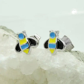 Ohrstecker Ohrring 8x8mm Bienen blau - gelb - schwarz emailliert Silber 925