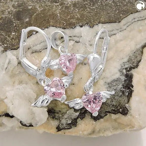 Set 13x8mm Anhänger und Ohrringe Herz - Zirkonia pink mit Flügeln Silber 925